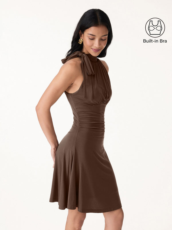 OGLmove Milky Matte Mockneck Bow Tie Ruched Mini Bra Dress Chocolate Brown XS