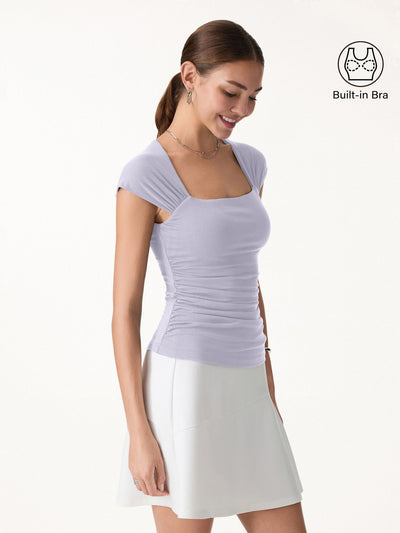 OGLmove Cool-Touch Square Neck Cap Sleeve Ruched Bra Top Powder Lilac XS