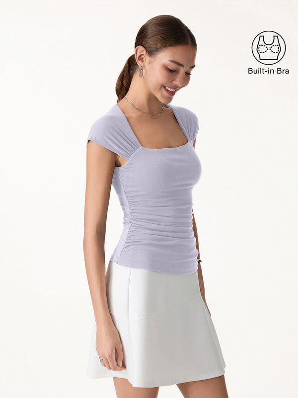 OGLmove Cool-Touch Square Neck Cap Sleeve Ruched Bra Top Powder Lilac XS