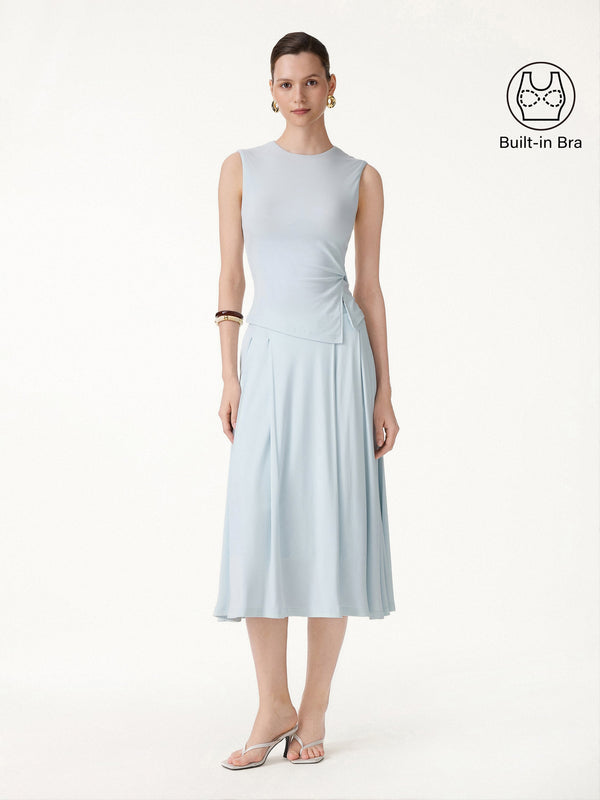 OGLmove 2Pcs Set Round Neck Twisted Bra Tank with Slit& Midi Skirt with Pockets