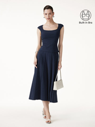 OGLmove 2Pcs Set Square Neck Bra Top & Midi Skirt with Pockets Navy/White Polka Dot XS