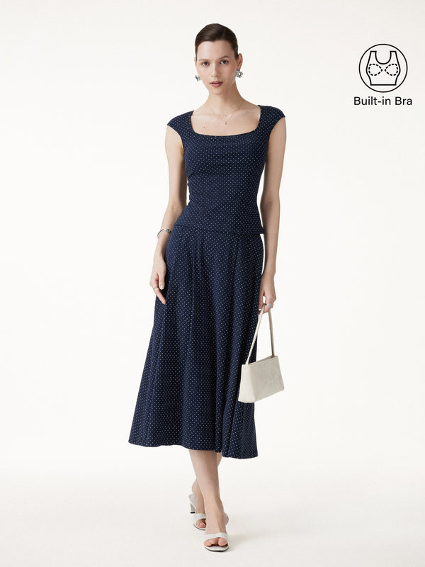 OGLmove 2Pcs Set Square Neck Bra Top & Midi Skirt with Pockets Navy/White Polka Dot XS