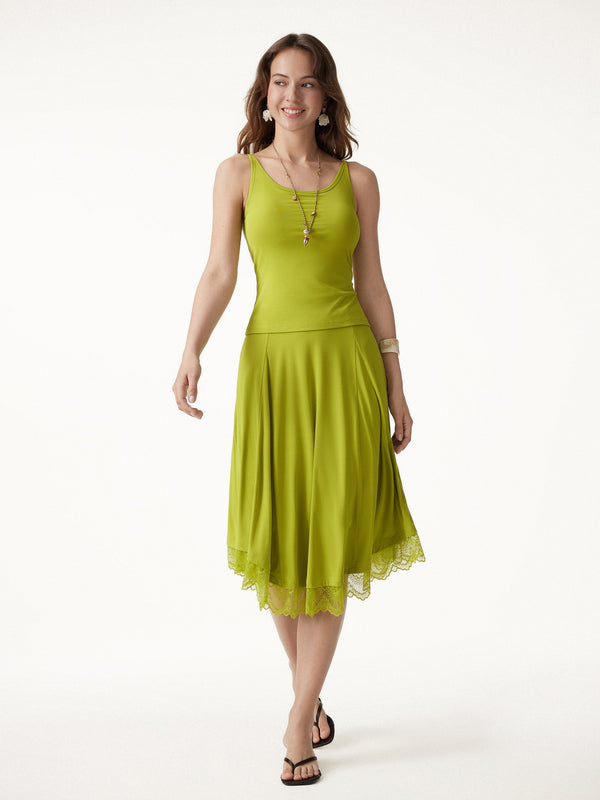 OGLmove 2Pcs Set Scoop Neck Bra Top & Lace Trim Midi Circle Flare Skirt