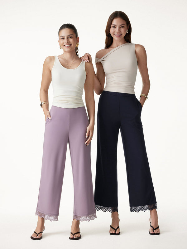 OGLmove Lace Trim Draped Mid Rise Wide Leg Pants with Pockets