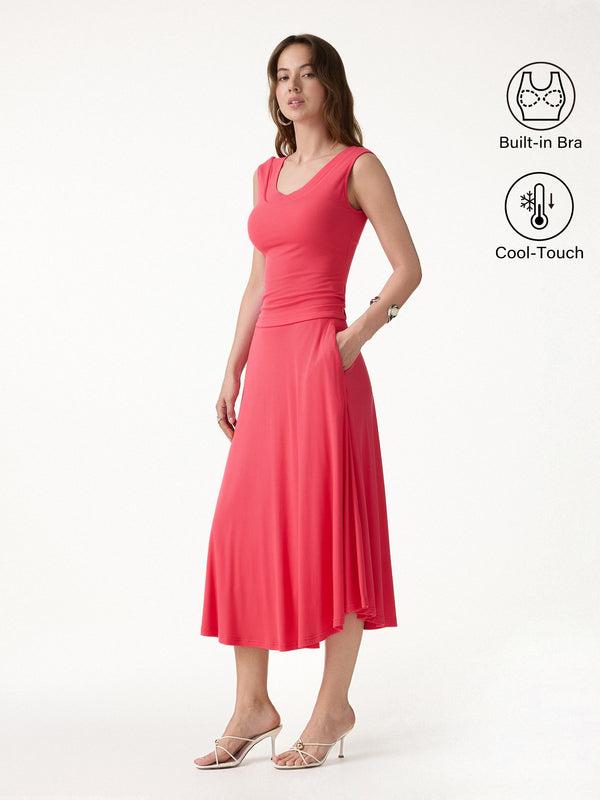 OGLmove 2Pcs Set U-Neck Bra Tank & Midi Skirt with Pockets Teaberry Red XS