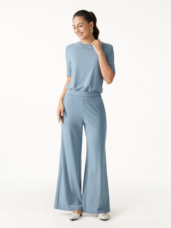 OGLmovede 2Pcs Set Regular Mid Rise Wide Leg Pants & Crewneck Bra Top Air Force Blue XXS