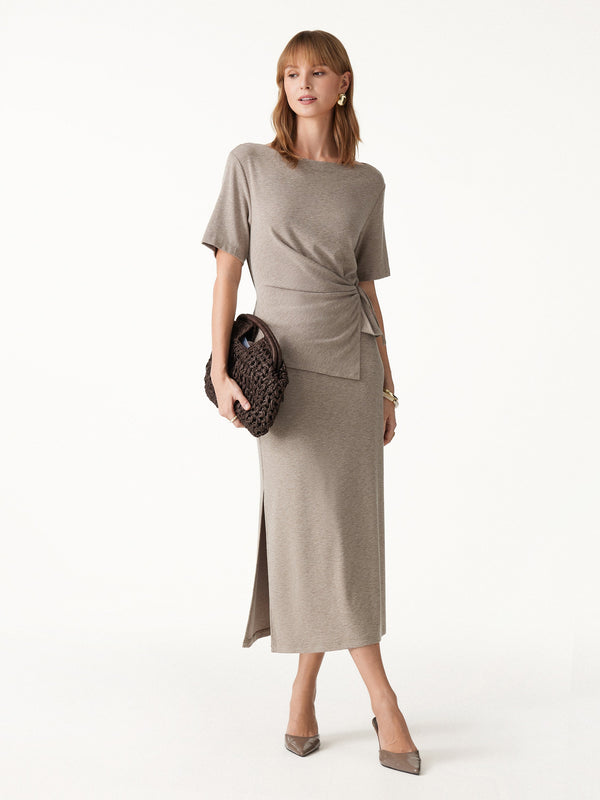 OGLmove 2Pcs Set Short Sleeve Tie-Side Top & Side-Slit A-Line Midi Skirt
