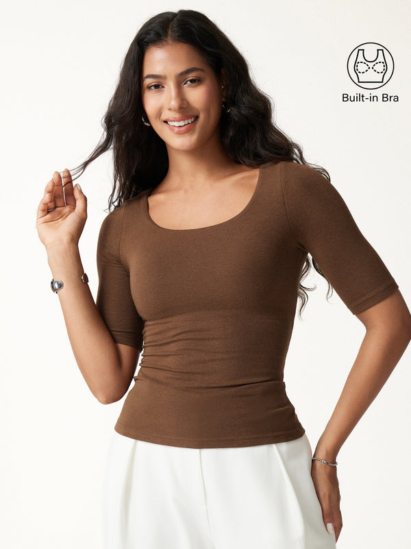 OGLmove Essential Elbow Length Sleeve Square Neck Brami Sweet Hazelnut XXS