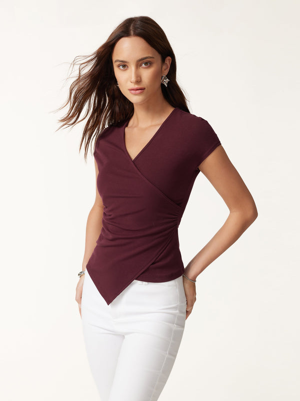 OGLmove Lyocell Wool Surplice Cap Sleeve Asymmetrical Top Ruby Berry XXS