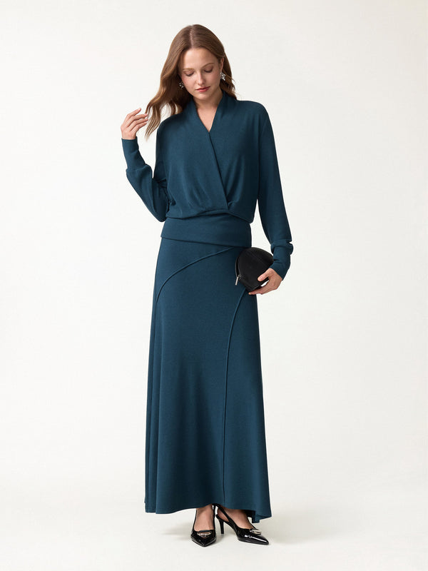 OGLmove 2Pcs Set Surplice Long Sleeve Banded Hem Top & A-Line Midi Skirt