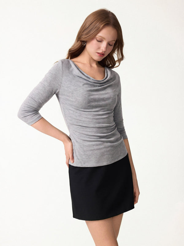 OGLmove LiteWarm Lyocell-Wool Cowl Neck 3/4 Sleeve Ruched Cuff Top