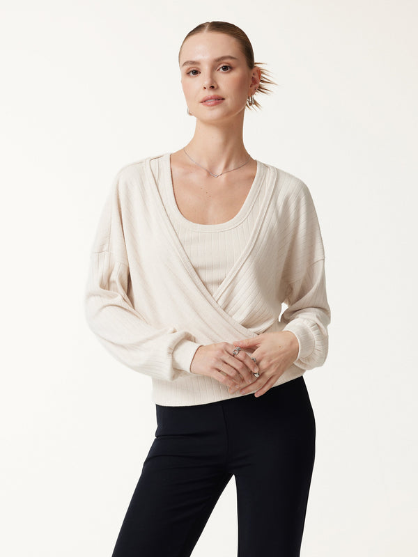 OGLmove Wide Ribbed Crossover Long Sleeve Banded Hem Top Fog Ivory Beige XXS