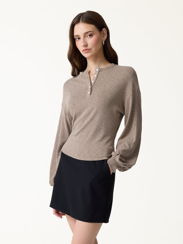 OGLmove LiteWarm Slub Ribbed Henley Neck Batwing Sleeve Close-Fit Hem Top