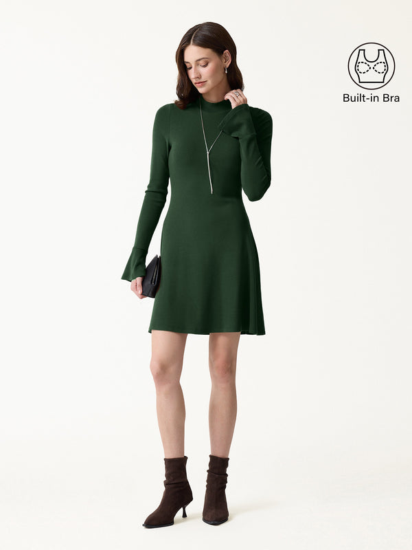 OGLmove LiteWarm Mock Neck Flared Long Sleeve A-Line Mini Built-In Bra Dress