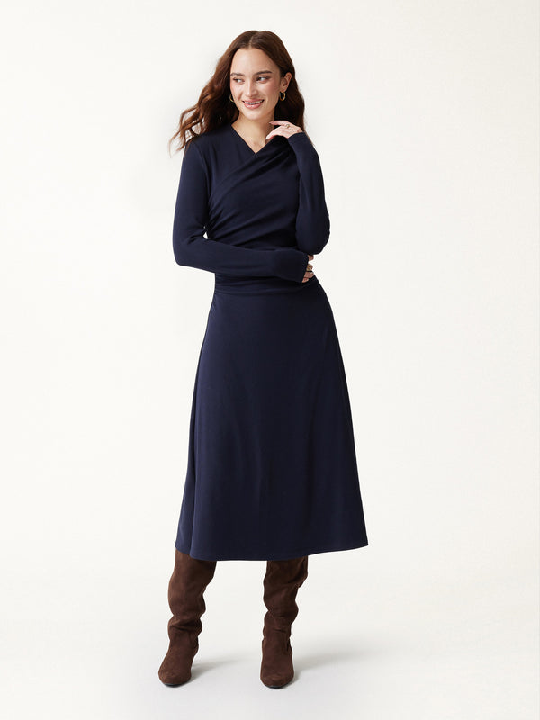 OGLmove ProWarm Crossover Wrap Neck Long Sleeve Midi Dress Smoky Navy XXS