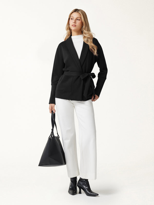 OGLmove Modal Stretch Fleece Lapel Long Sleeve Belted Coat with Pockets