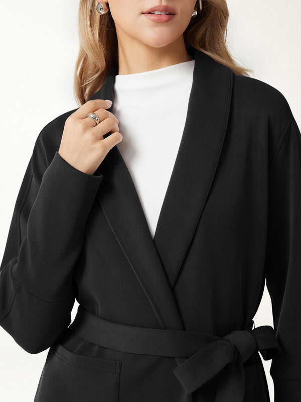 OGLmove Modal Stretch Fleece Lapel Long Sleeve Belted Coat with Pockets Black XXS