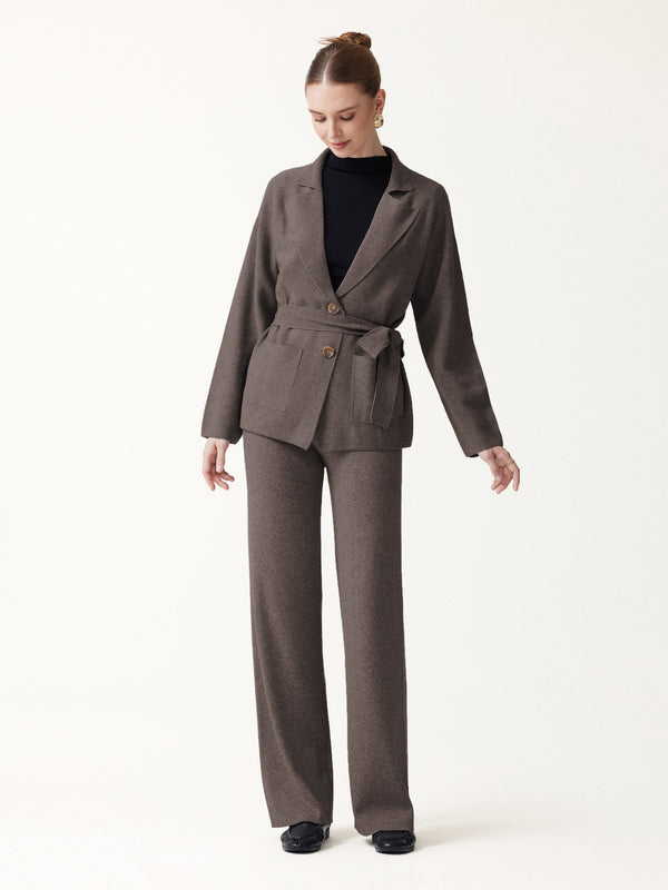 OGLmove 2Pcs Set Peaked Lapel Long Sleeve Belted Cardigan with Pockets & Mid Rise Straight-Leg Pants with Pockets Heather Deepest Mauve Brown XS