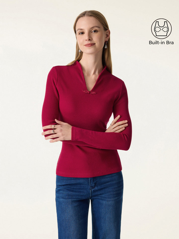 Ribbed Stand V-neck Frog Button Long Sleeve Brami Burgundy XS