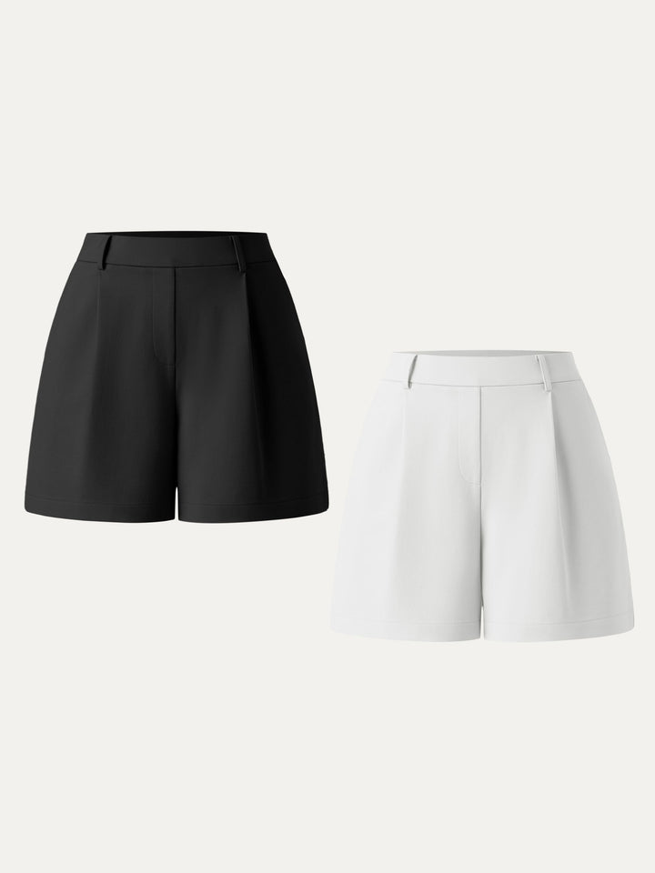2Pcs Set Mid Rise Smart Pleated Pull-on Shorts with Pockets Black/White XS