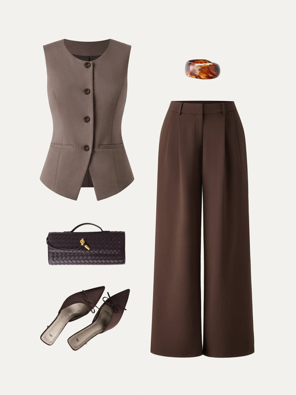 OGLmove 2Pcs Set Waistcoat with Pockets & Wide Leg Pant with Pockets Coffee Brown/Hickory Brown XS