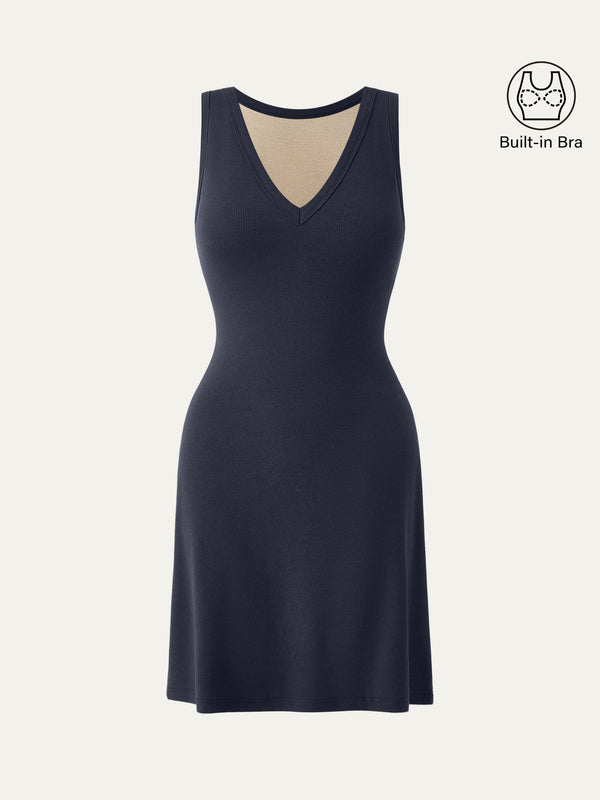 Flattering V-neck A-line New Airy Brami Tank Dress Navy XS