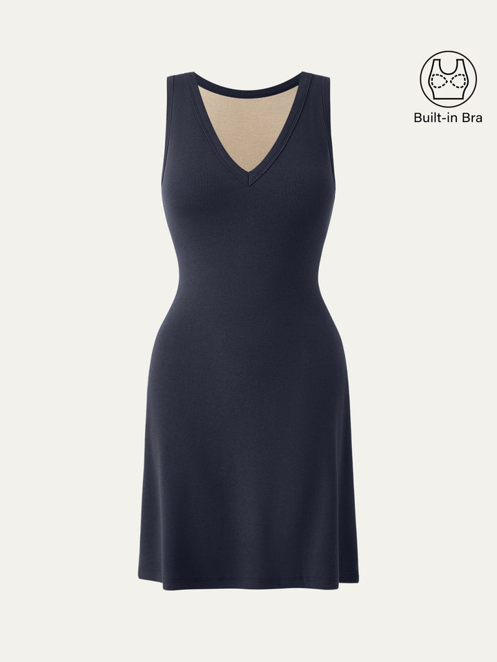 Flattering V-neck A-line New Airy Brami Tank Dress Navy XS