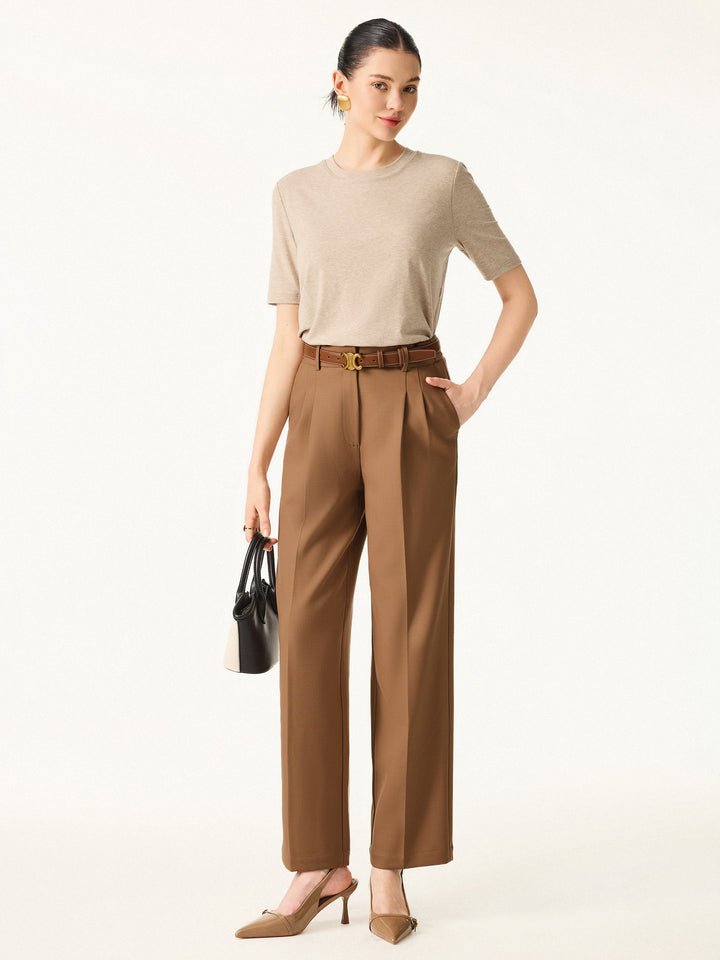 Stretch Wool High Rise Straight Leg Trousers with Pockets