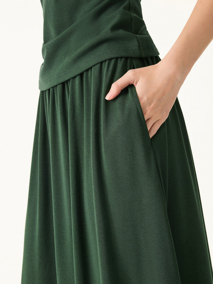 2Pcs Set Stretch Cotton Boatneck Brami Tank & Maxi Umbrella Skirt with Pockets