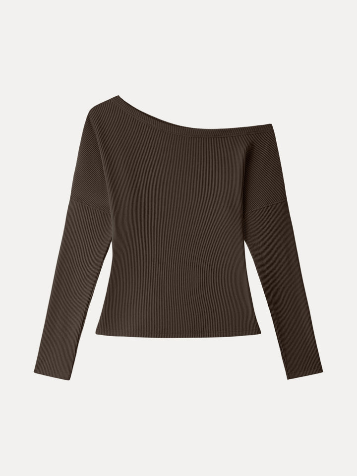Ribbed Asymmetrical Neckline Long Sleeve Top Hazelnut Coco XS