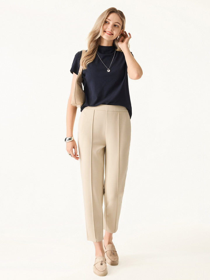 Mid Rise Cropped Tapered Leg Pull-on Pants with Pockets