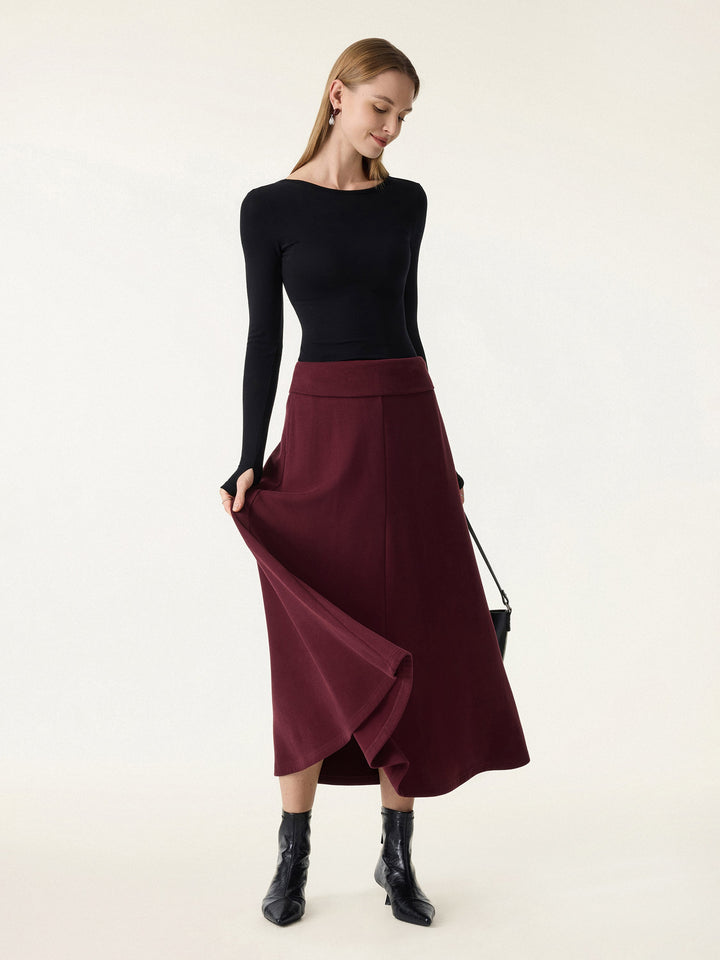 2Pcs Set Mockneck Batwing Sleeve Brami & Midi Pull-on A-Line Skirt with Pockets