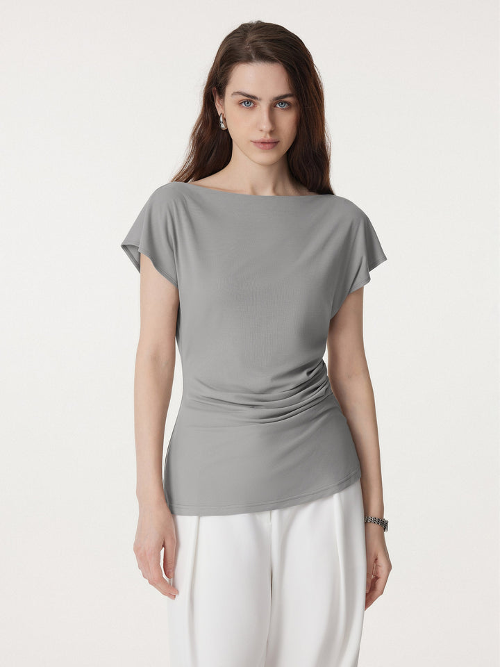 Boatneck Flutter Sleeve Side Tucked Long Tee Evening Grey XS