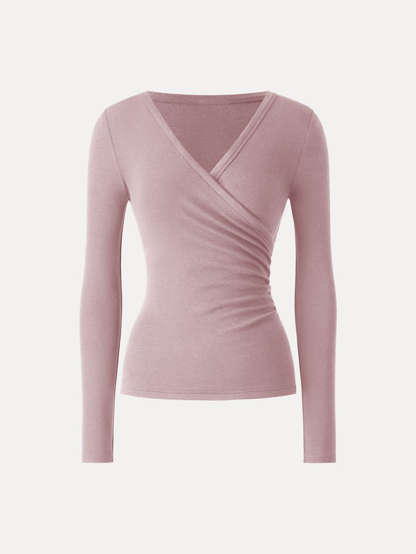 Lyocell Wool Surplice Ruched Long Sleeve Top Light Pink XS