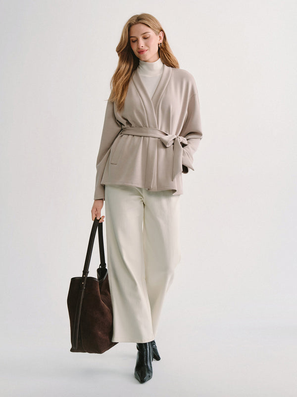OGLmove Modal Stretch Fleece Crossover Belted Wrap Cardigan Coat with Pockets