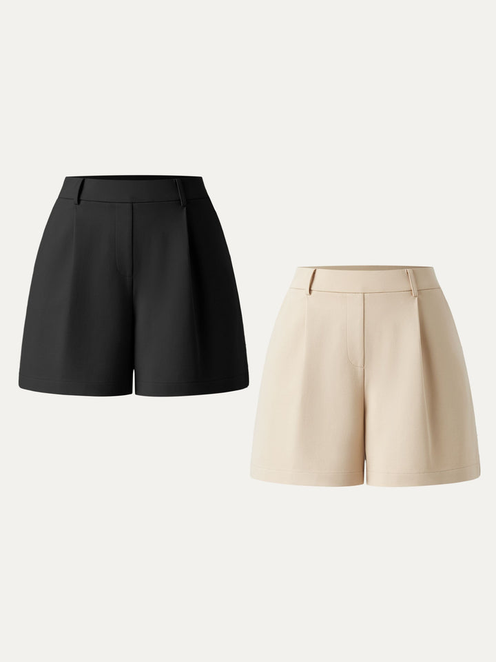 2Pcs Set Mid Rise Smart Pleated Pull-on Shorts with Pockets Black/Beige XS