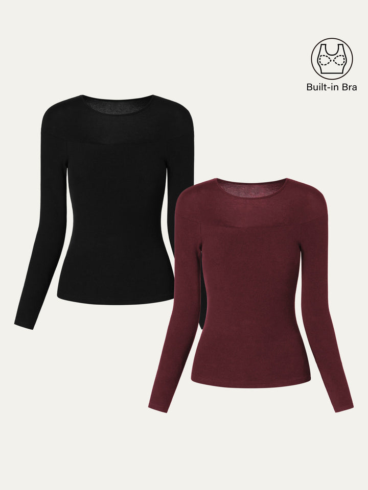 2Pcs Set Wool Sheer Shoulder Brami Top Black/Ruby XS