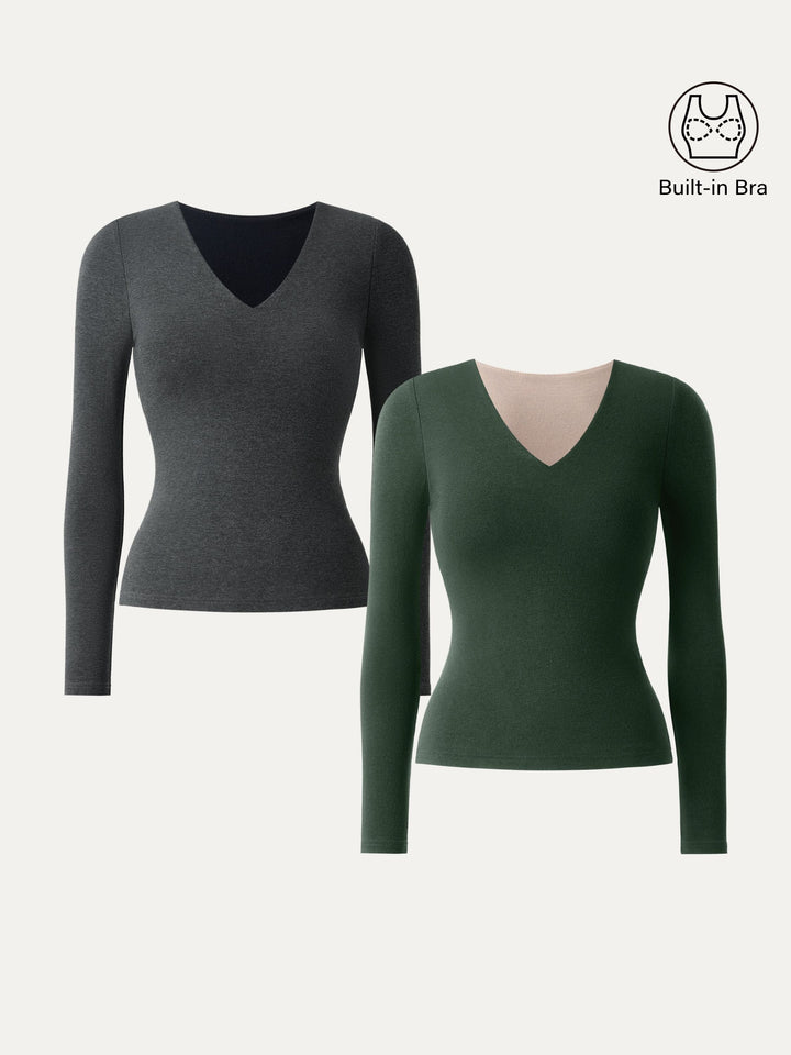 2Pcs Set Stretch Cotton V-Neck Long Sleeve Brami Top Heather Black/Deep Bush XS