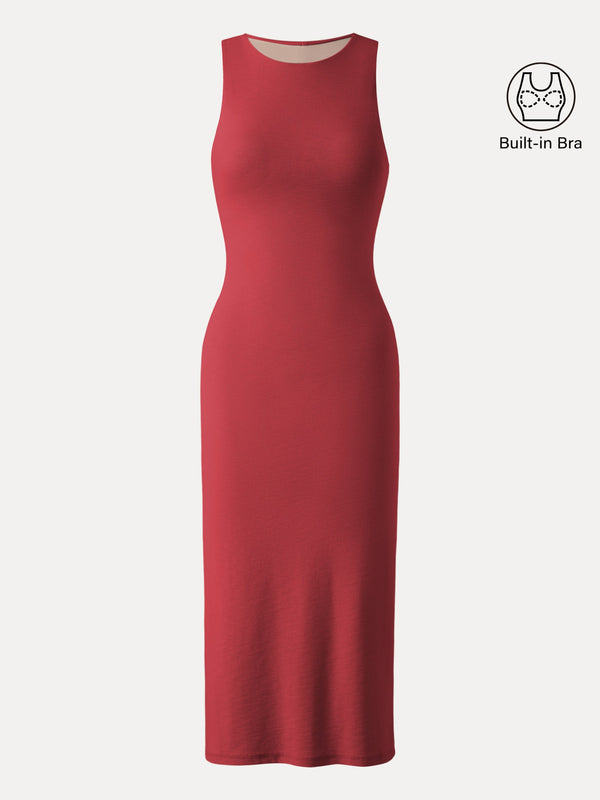 Stretch Cotton Crewneck Midi Brami Dress with Back Slit Retro Red XS