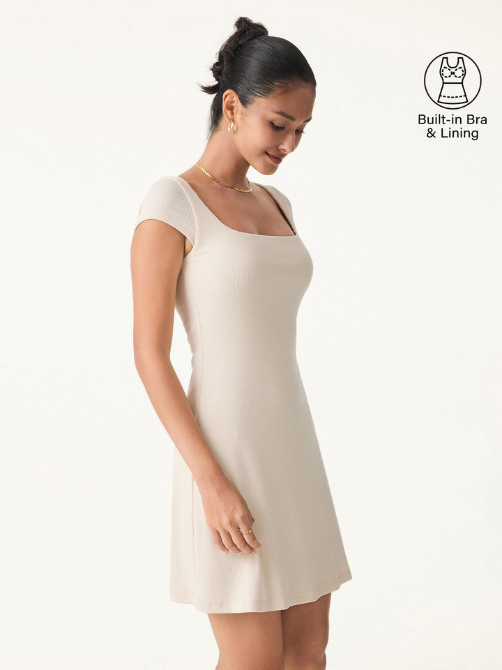 Stretch Cotton Pointelle Square Neck Cap Sleeve Mini Brami Dress