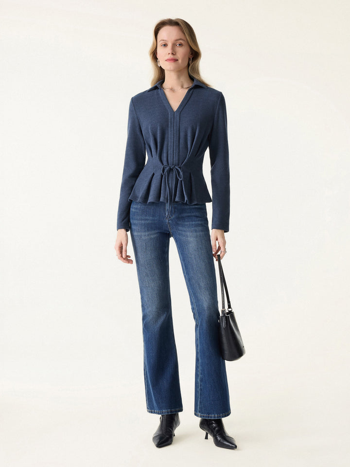 Polo Neck Drawstring Tie Long Sleeve Top