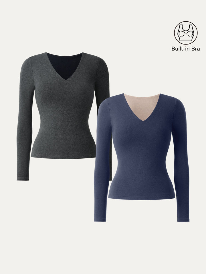 2Pcs Set Stretch Cotton V-Neck Long Sleeve Brami Top