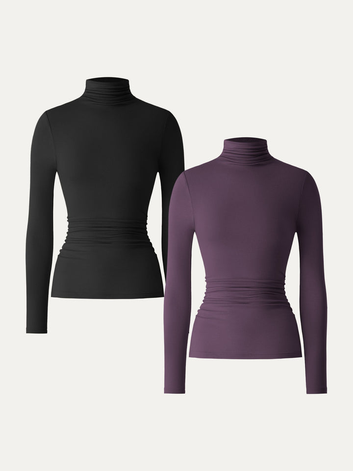 Lyocell Cashmere Turtleneck Side Ruched Top Save for 2Pcs Black/Plum Wine