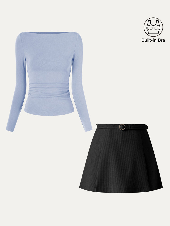 2Pcs Set Side Ruched Boatneck Brami Top & Belted Mini Skirt With Shorts Black/Sea Glass XS