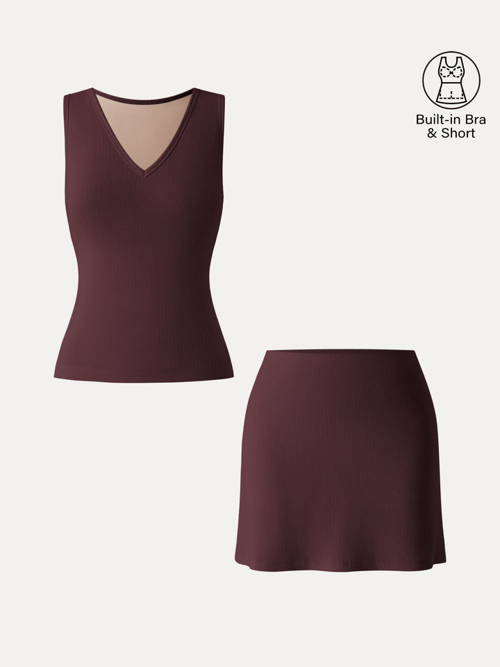 2Pcs Set V-neck Sleeveless Brami Tank & A-line Mini Skirt with Built-in Shorts Wine XS