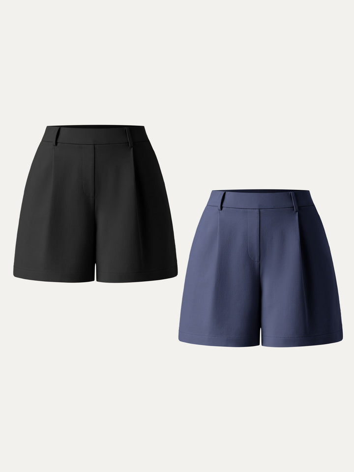 2Pcs Set Mid Rise Smart Pleated Pull-on Shorts with Pockets Black/Midnight Navy XS