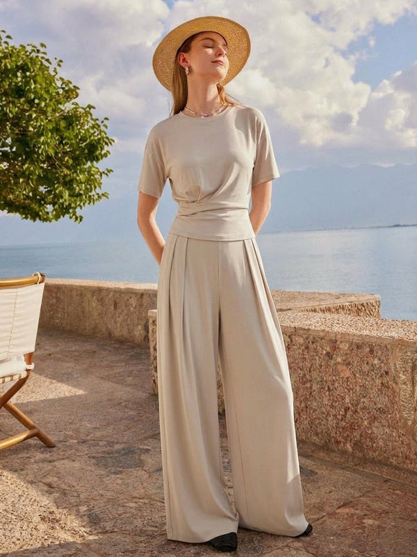2Pcs Set Crewneck Short Sleeve Tee & Mid Rise Pleated Wide Leg Pants with Pockets