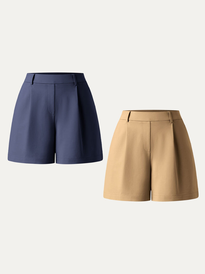2Pcs Set Mid Rise Smart Pleated Pull-on Shorts with Pockets Midnight Navy/Pale Gold XS