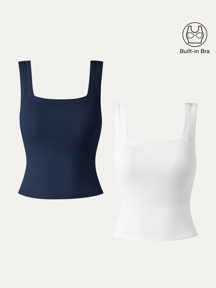 2Pcs Set Slinky Square Open-Back Brami Tank Top-Cropped White/Navy XS