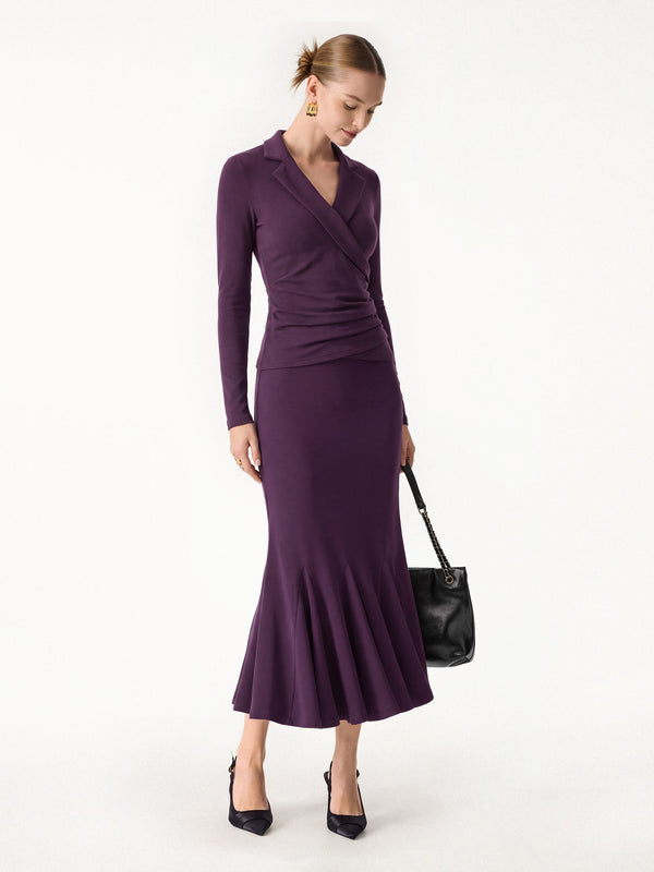 OGLmove 2Pcs Set ProWarm Collared Surplice Top & High-Rise Mermaid Midi Skirt Deep Fig XXS